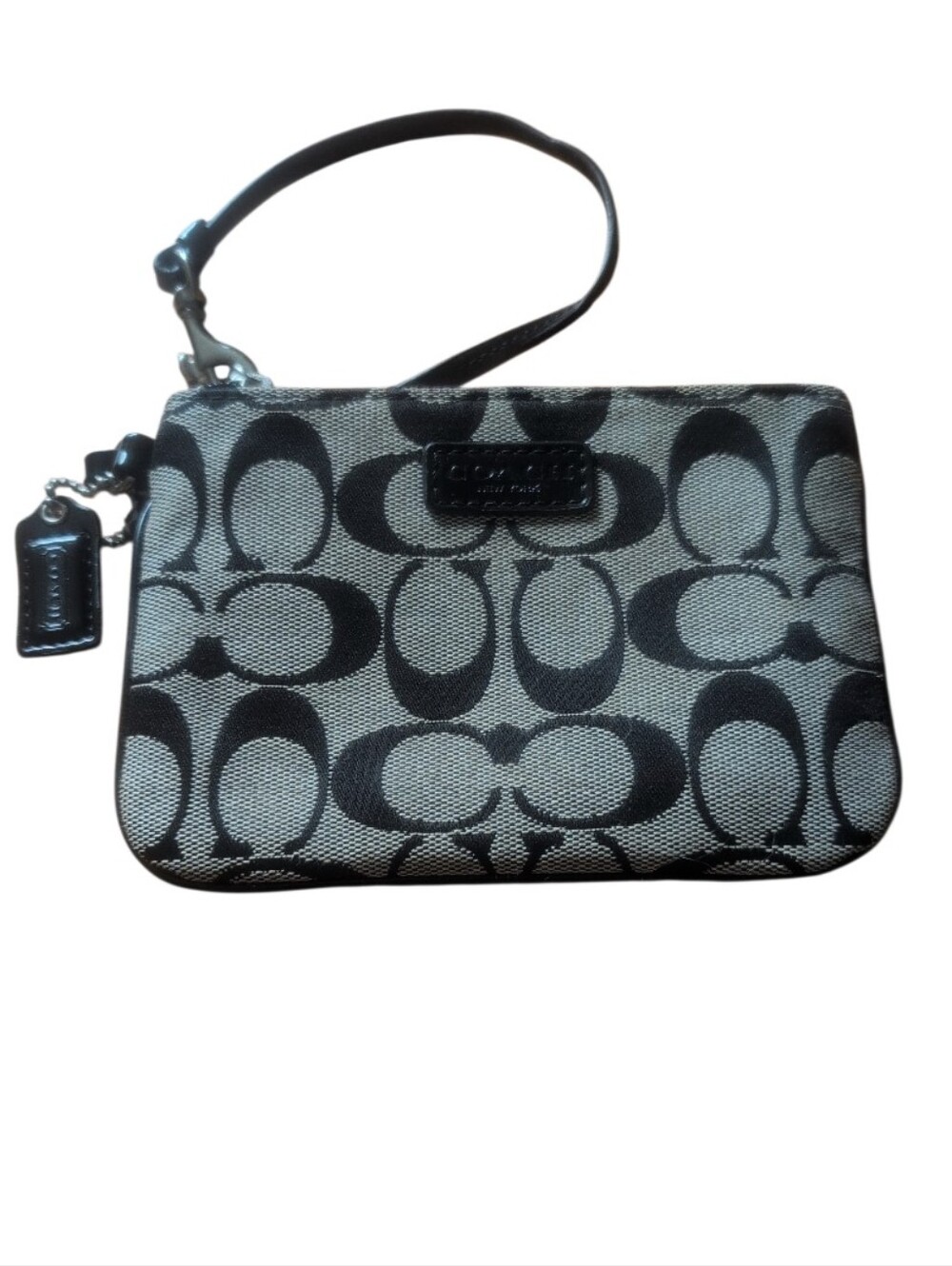 Coach Signature Black Gray Wristlet Canvas Zip Pouch Wallet Clutch
